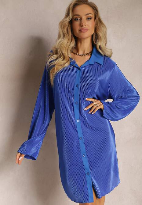 Granatowa Koszulowa Sukienka Mini Udekorowana Plisowaniem Culven