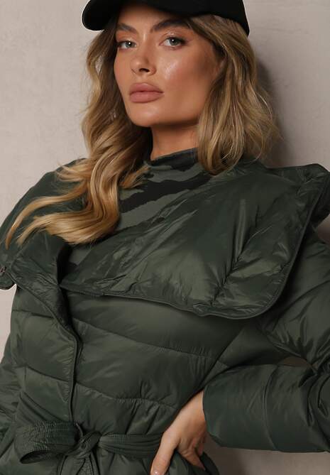 Zielona Długa Pikowana Kurtka z Kapturem i Dodatkowym Paskiem Hanovia