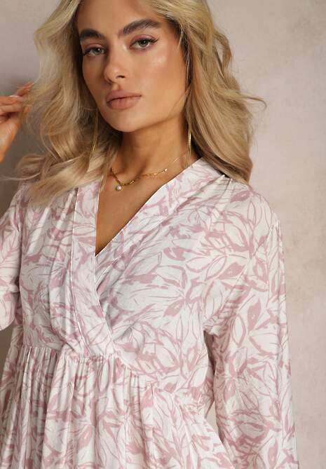 Różowo-Biała Kopertowa Sukienka Mini z Falbanką i Ozdobnym Printem Oletia