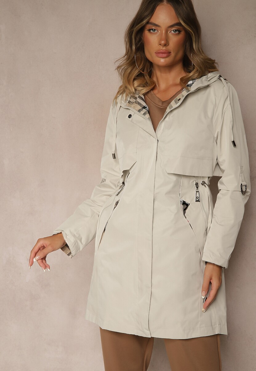 Czarna Kurtka Parka z Kapturem Podpinanymi Rękawami i Printem w Kratę Hallela