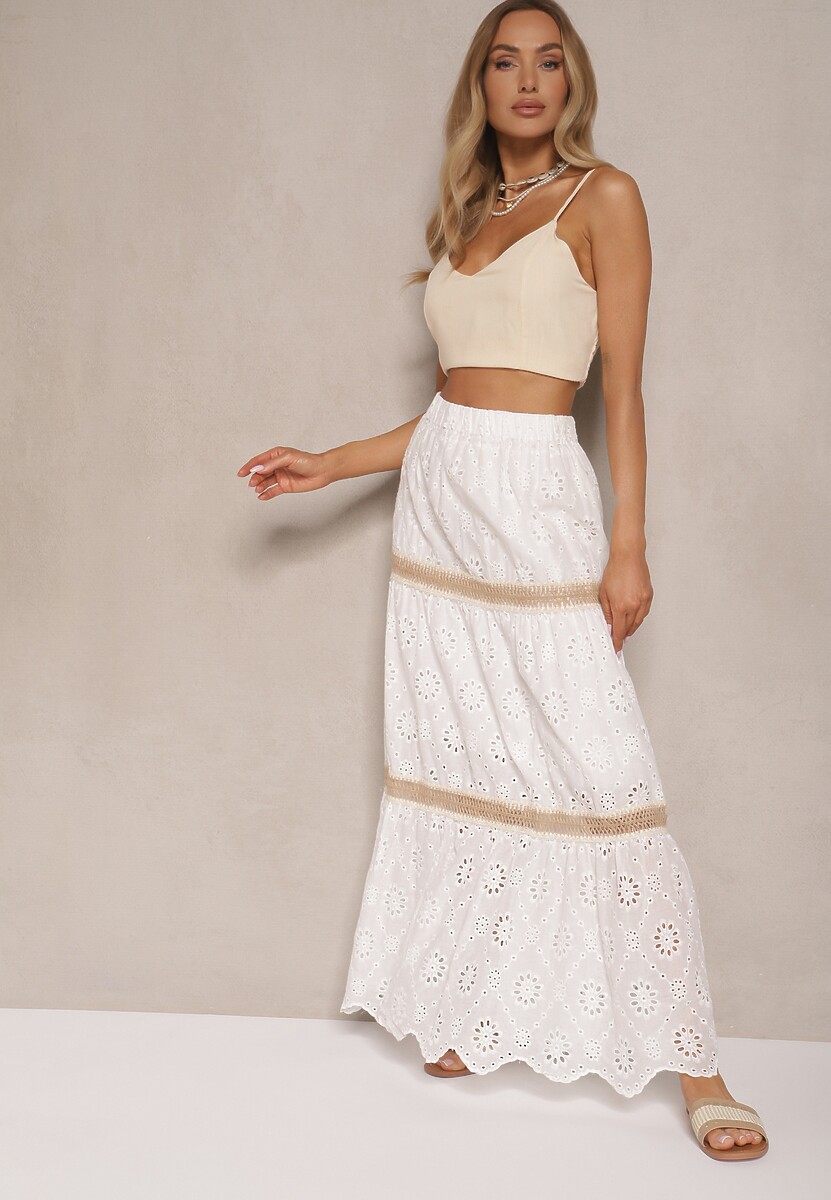 Biała Spódnica Rozkloszowana z Haftami i Ażurowymi Wycięciami Sallivra