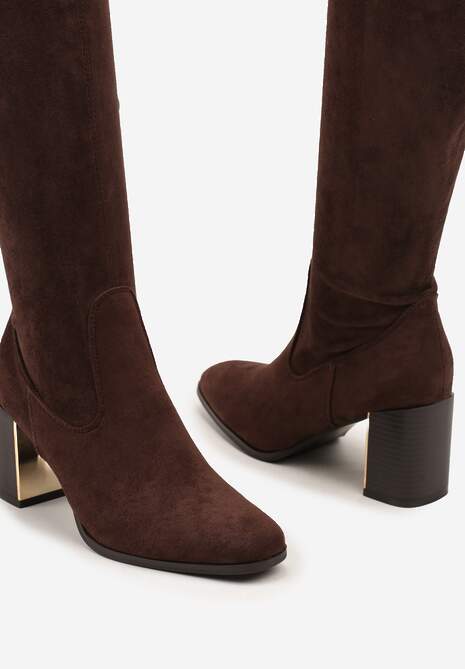 Brązowe Długie Kozaki za Kolano z Imitacji Zamszu na Metalicznym Obcasie Terephne