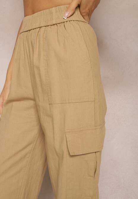 Beżowe Spodnie Spadochronowe z Wysokim Stanem i Kieszeniami z Klapami Nymfa