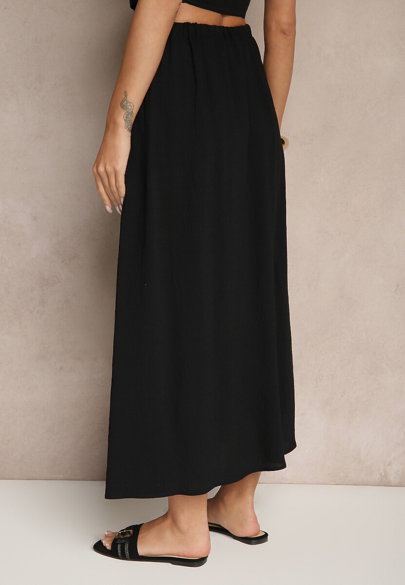 Czarna Rozkloszowana Spódnica z Lnu i Wiskozy Zdobiona Haftem i Guzikami Redira