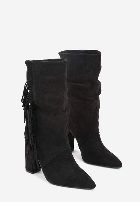 Czarne Botki Kowbojki na Słupku z Frędzlami Reisetia