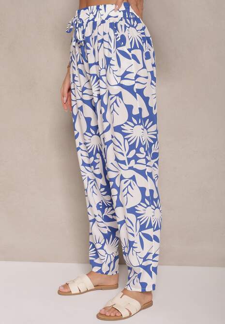 Niebieskie Spodnie z Wiskozy High Waist w Kwiatowy Wzór Niliannea