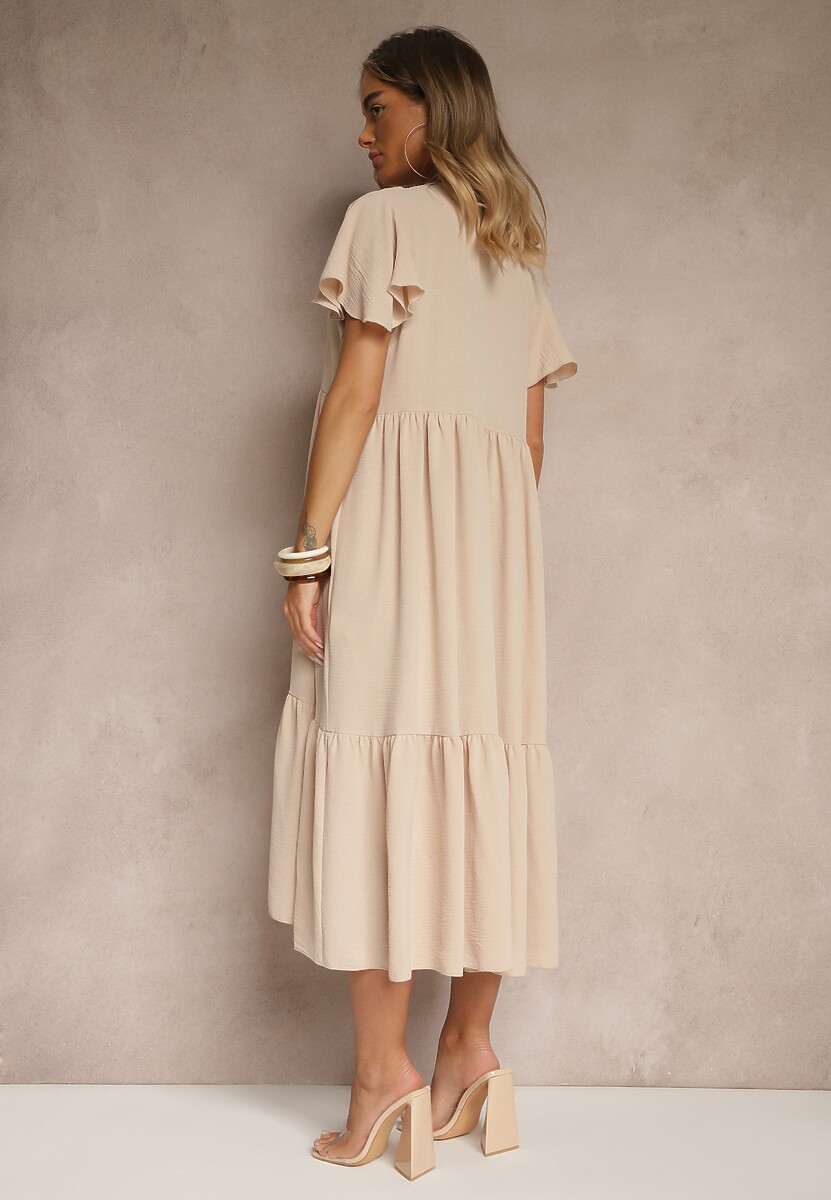 Jasnobeżowa Rozkloszowana Sukienka z Wiskozą w Casualowym Stylu Filarenna