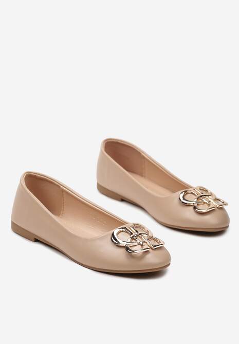 Beżowe Balerinki Klasyczne Wsuwane ze Złotą Ozdobą z Metalu Tarins