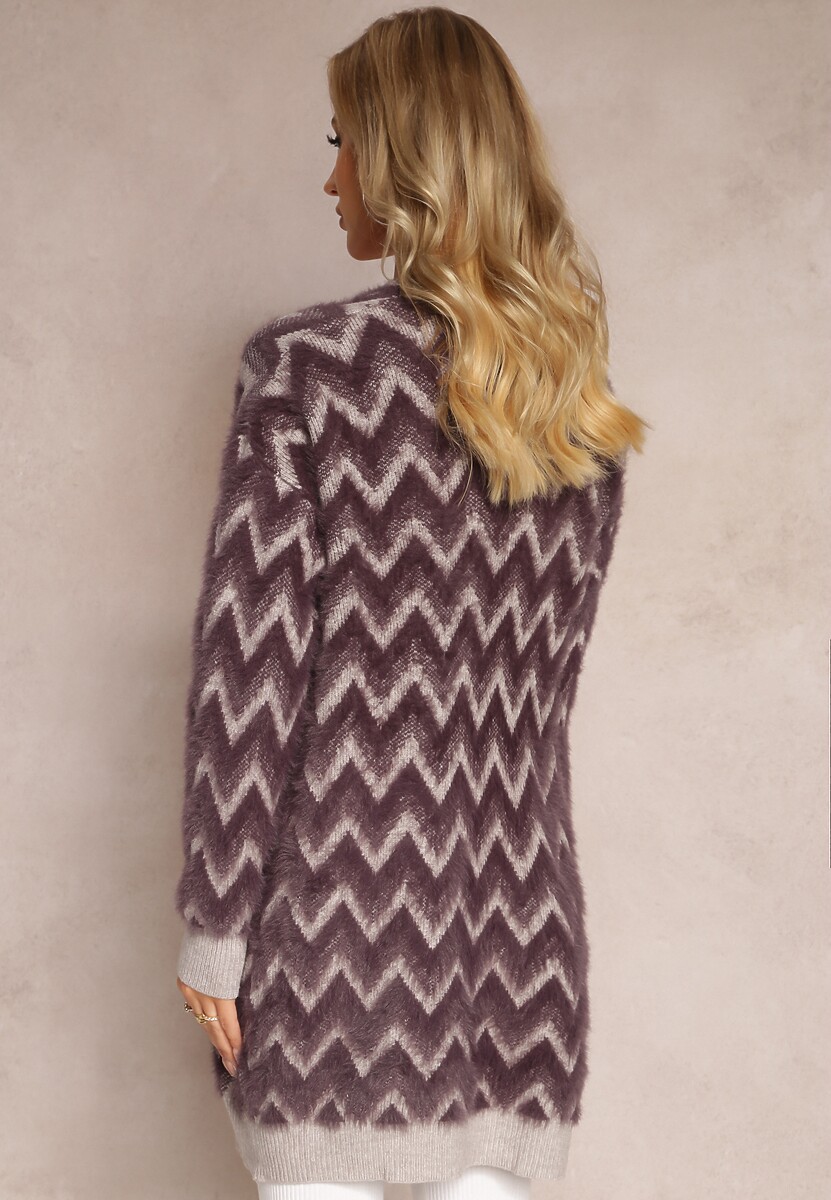Ciemnofioletowy Niezapinany Kardigan o Przedłużonym Fasonie w Zygzaki Chevron Oherna