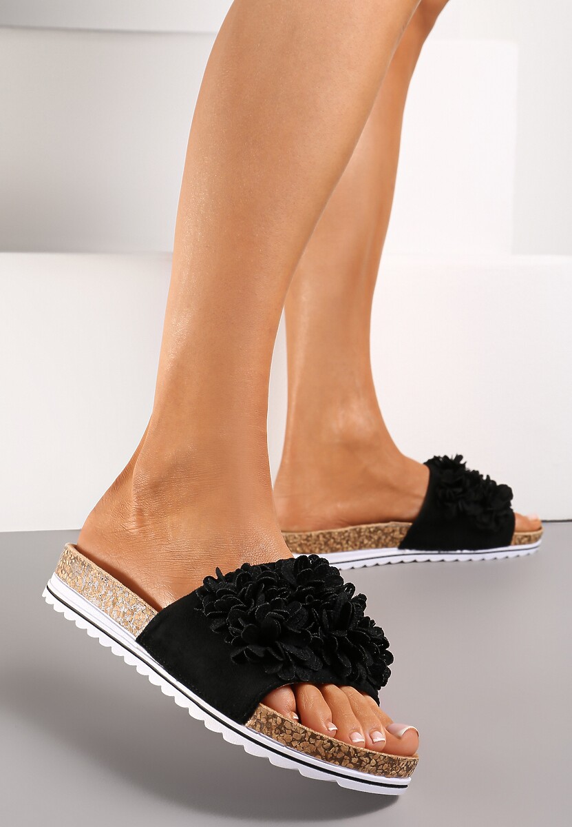 Czarne Klapki z Ekozamszu z Kwiatowym Zdobieniem Masenella