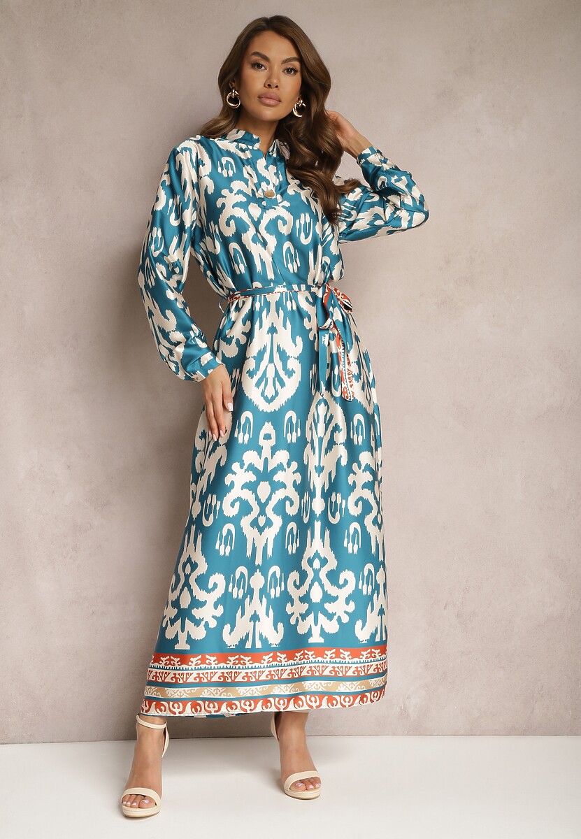 Czarno-Biała Pudełkowa Sukienka Satynowa z Paskiem w Talii w Ornamentalny Print Tarosa