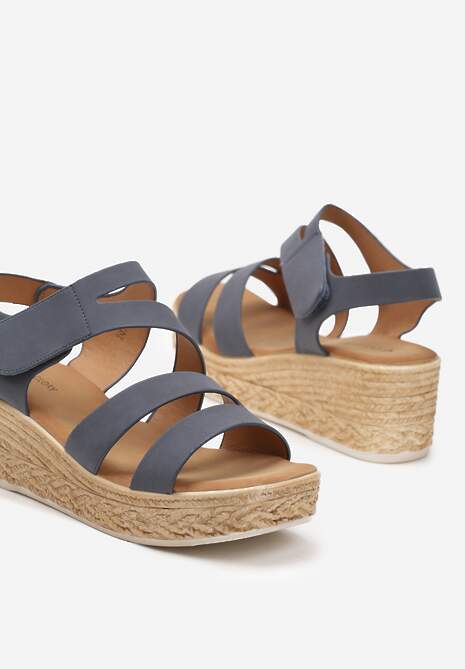 Granatowe Sandały Zapinane na Rzepy na Koturnie i Platformie Moanele