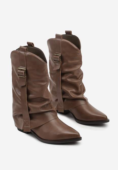 Brązowe Botki Kowbojki z Wywiniętą Cholewką z Marszczeniem Ilova