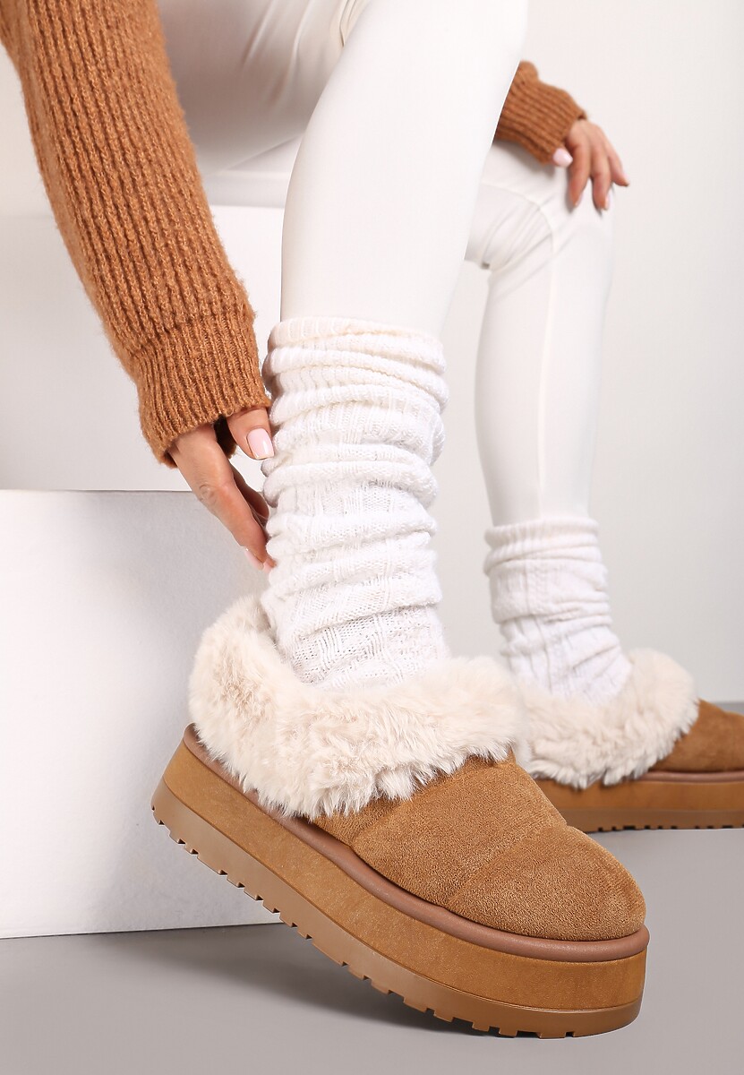 Brązowe Śniegowce na Grubej Podeszwie z Pikowanego Materiału Ozdobione Futerkiem Avirorae