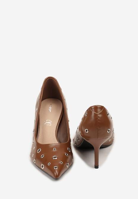 Brązowe Czółenka na Szpilce Vices Ozdobione Nitami z Wkładką ze Skóry Naturalnej Rilinessa
