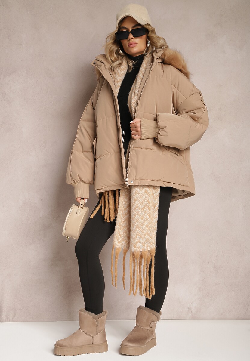Ciemnobeżowa Kurtka Oversize z Futrzanym Kapturem Haduni
