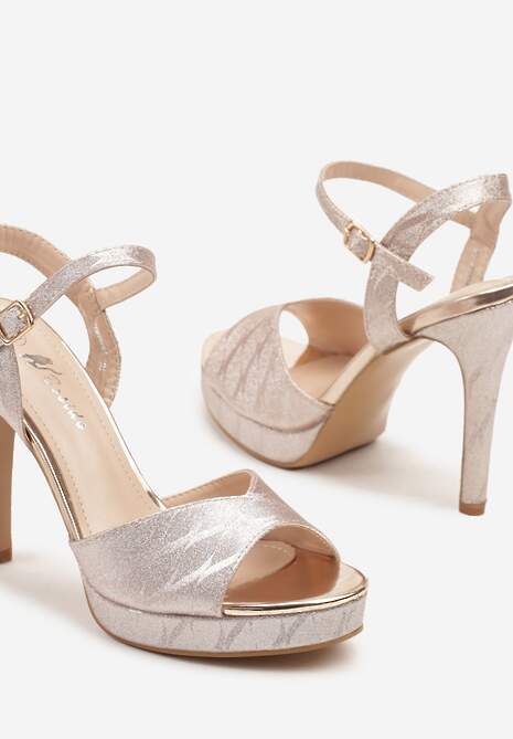Szampańskie Sandały Szpilki na Szpilce i Platformie w Abstrakcyjny Wzór Lisanitia