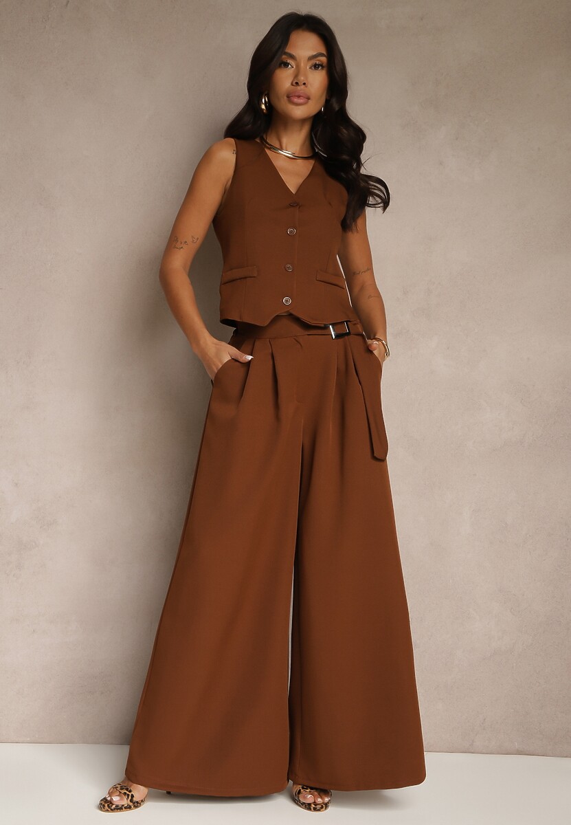 Jasnobeżowy Komplet Garniturowy z Kamizelką i Spodniami o Szerokim Kroju Ravirana