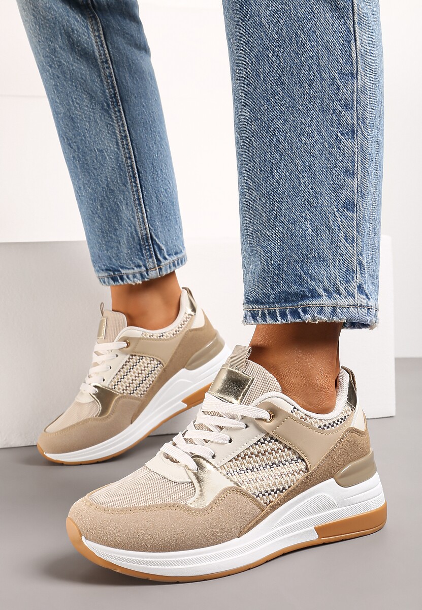 Ciemnobeżowe Sneakersy z Niskim Koturnem i Ozdobnymi Wstawkami Ysabeltia