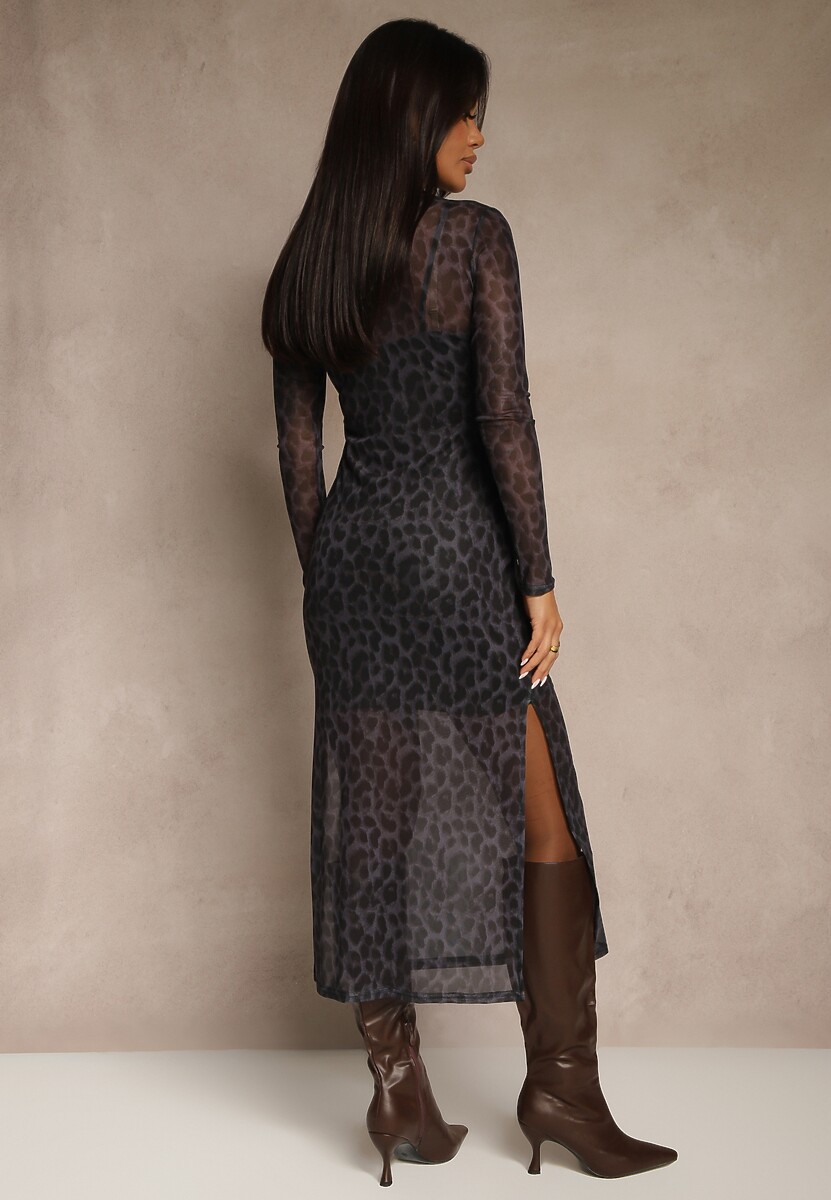 Czarna Panterkowa Sukienka Siateczkowa z Wiskozą o Dopasowanym Kroju Nalandra