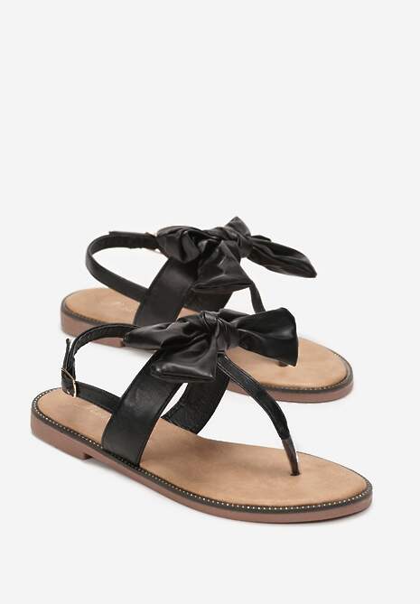 Czarne Sandały Typu Japonki z Kokardką z Przodu Gionna