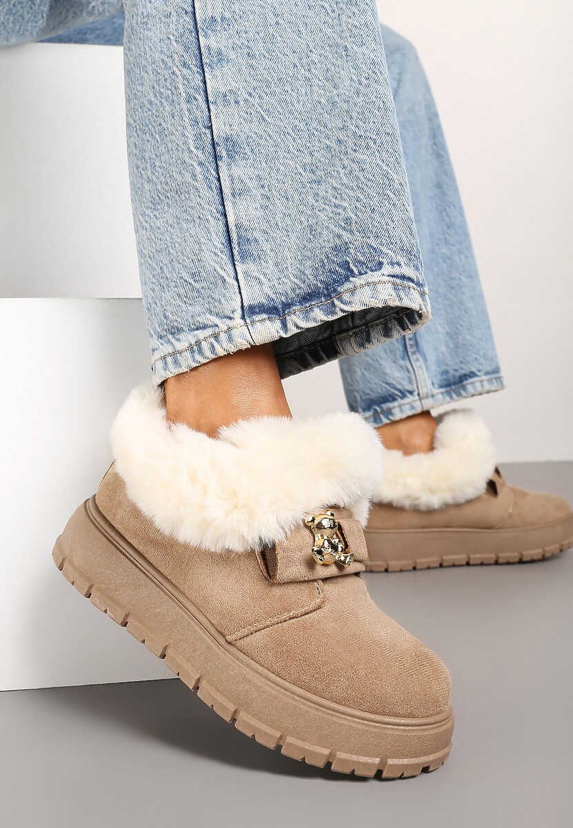 Ciemnobeżowe Śniegowce na Platformie z Metaliczną Aplikacją i Klamrą Izareth