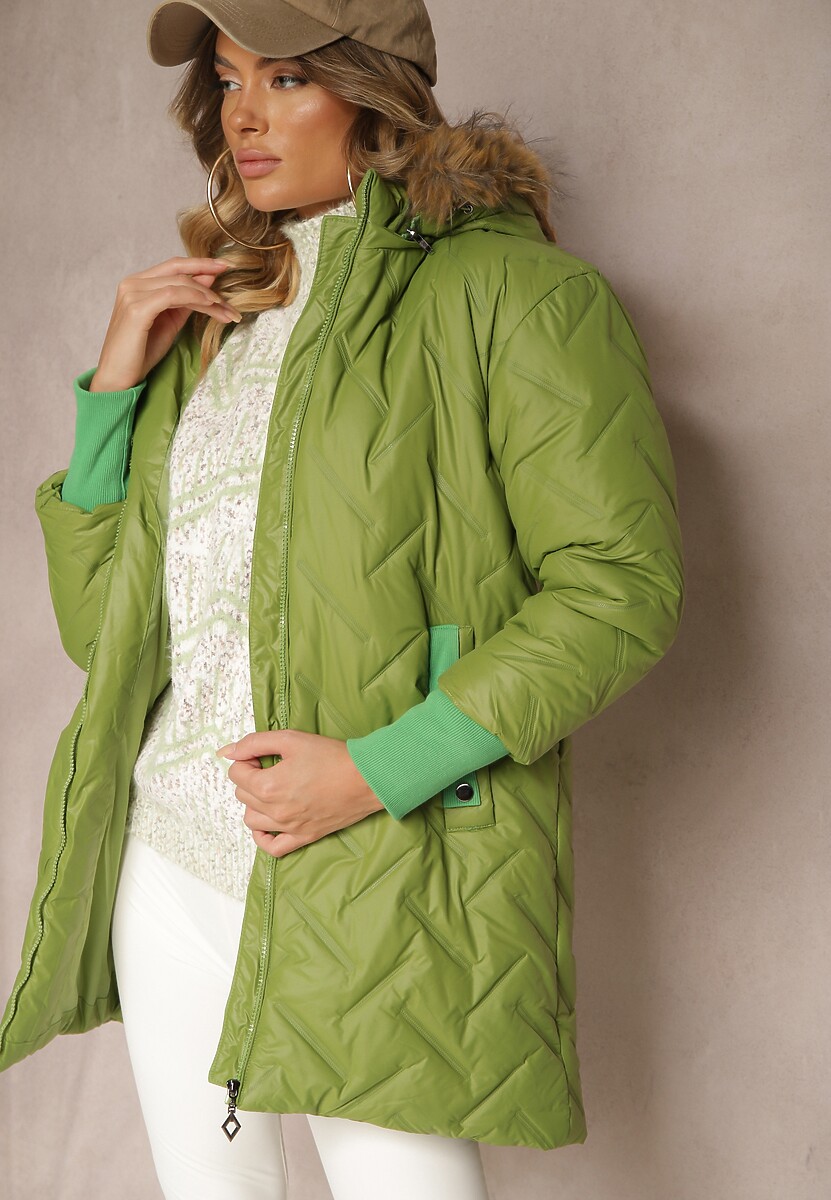 Zielona Kurtka z Pikowanym Wzorem Ściągaczami Odpinanym Futerkiem i Kapturem Ellithri