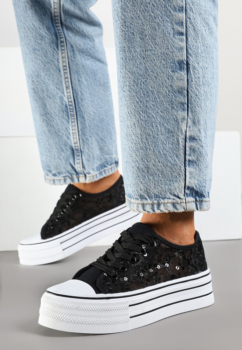 Czarne Trampki Vices z Siateczki z Cekinami na Grubej Podeszwie Telanila