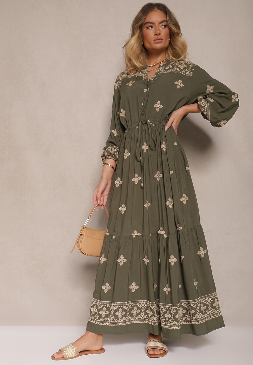 Ciemnozielona Sukienka z Bawełną Haftem i Sznurkiem w Pasie Zenlio