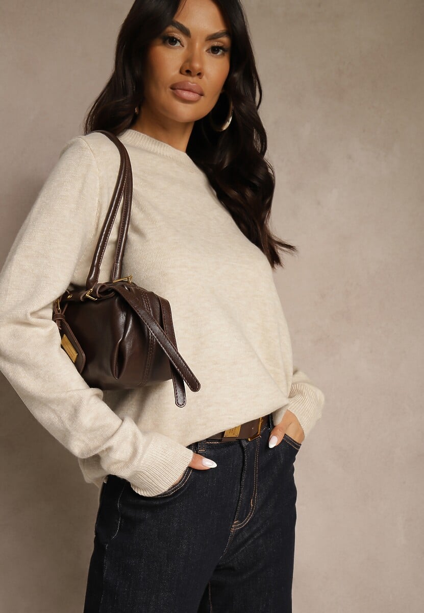 Beżowy Klasyczny Sweter z Wełną i Bawełną Bez Zdobień Neandia