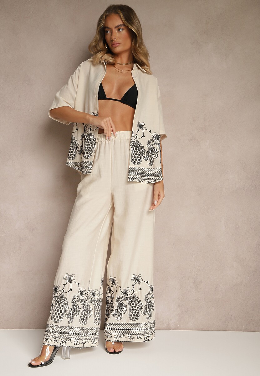 Beżowy Wiskozowy Komplet z Kwiatowym Zdobieniem Koszula i Szerokie Spodnie Mevilene