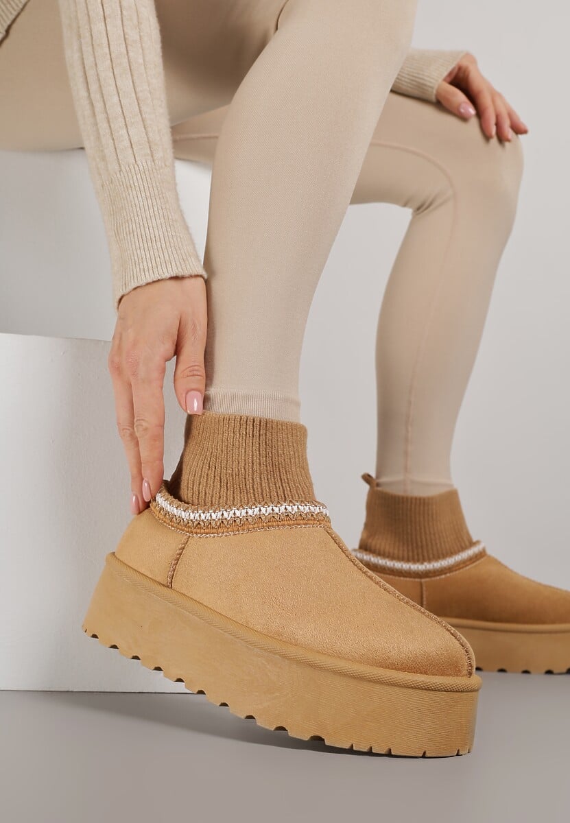 Jasnobrązowe Śniegowce VICES na Platformie ze Skarpetkową Cholewką i Haftem Ebentia