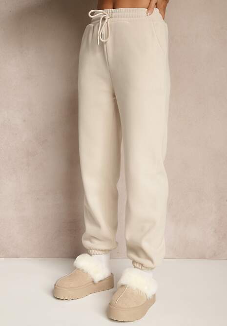 Beżowe Dresowe Spodnie z Bawełny z Ociepleniem Ozdobione Sznurkiem Citila
