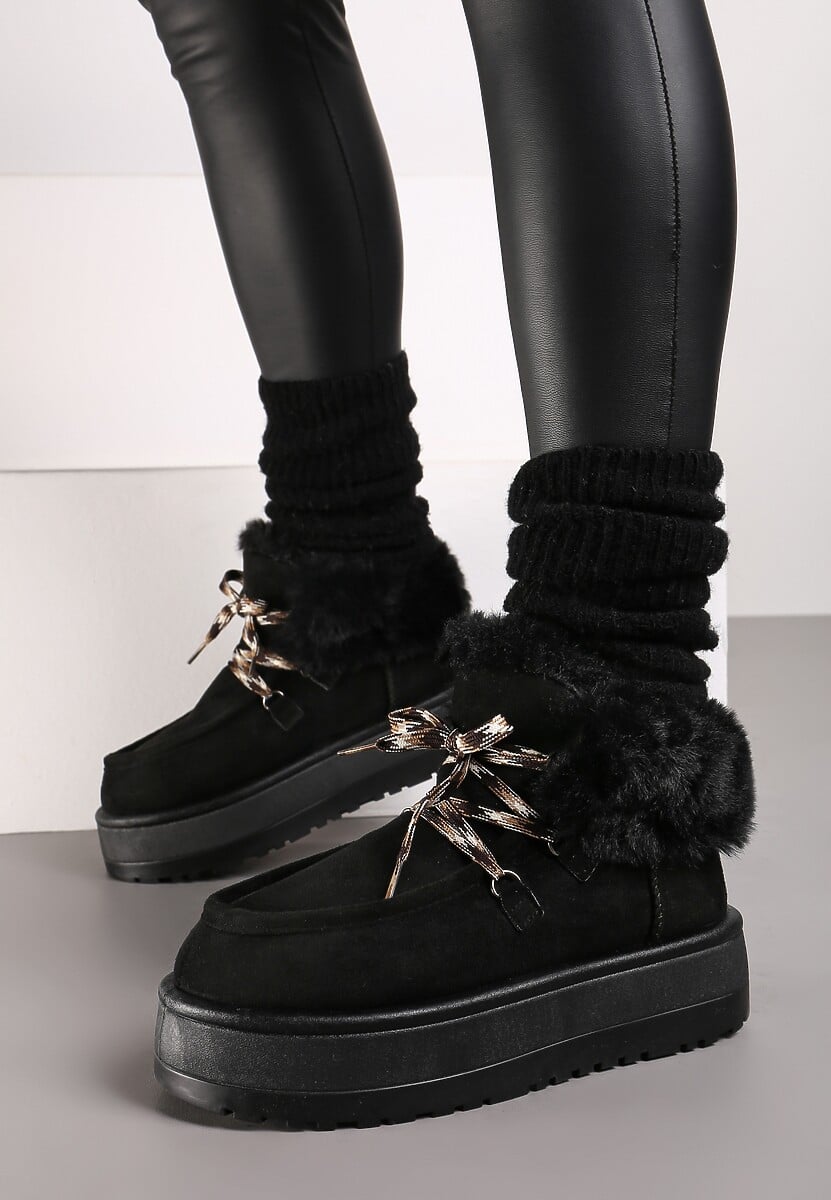 Czarne Sznurowane Śniegowce na Platformie Ocieplone Futerkiem Liatheine