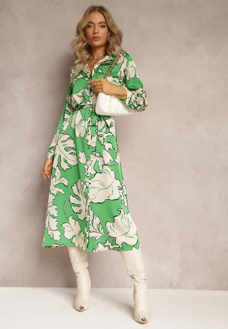 Zielona Sukienka Koszulowa z Wiązanym Paskiem Rume