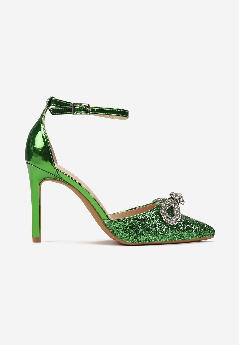 Zielone Brokatowe Szpilki z Ozdobną Kokardką z Cyrkoniami Rithana