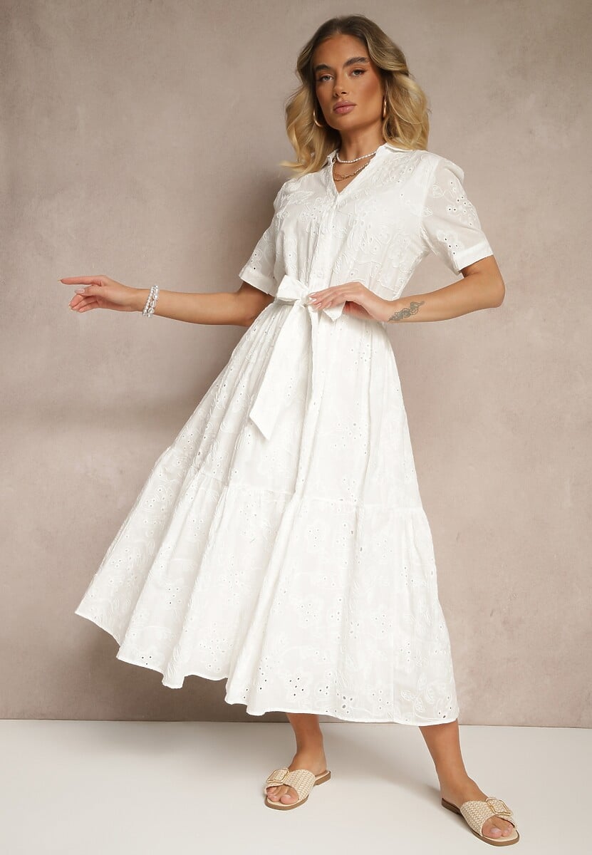 Biała Ażurowa Sukienka z Bawełny Wiązana w Pasie Koszulowa Divanira