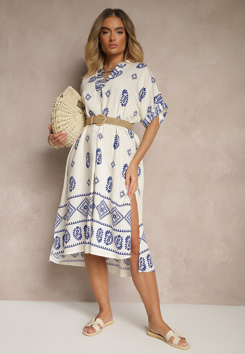 Niebiesko-Kremowa Sukienka z Wiskozy w Stylu Boho o Pudełkowym Kroju z Rozcięciami Virbia