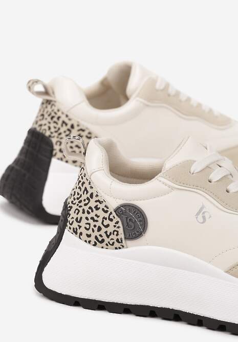 Beżowe Sneakersy Vices na Platformie Ozdobione Naszywką i Panterką Selothiel