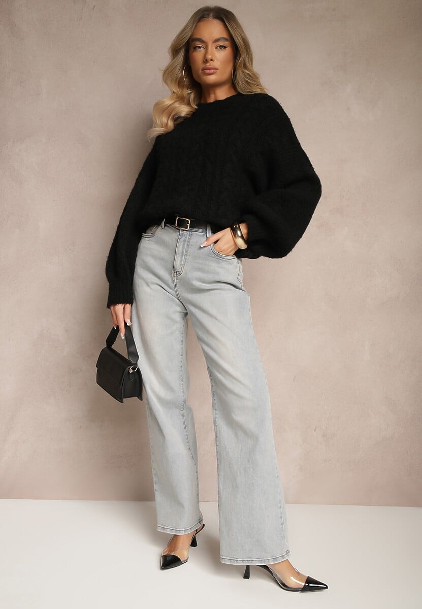 Czarny Sweter z Wełną o Eleganckim Warkoczowym Splotem Makkaria