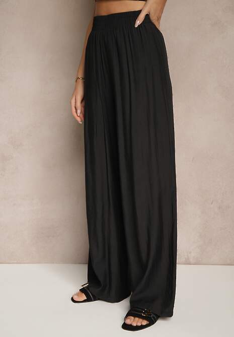 Czarne Spodnie Palazzo High Waist z Szeroką Nogawką i Gumką w Talii Jenarielis