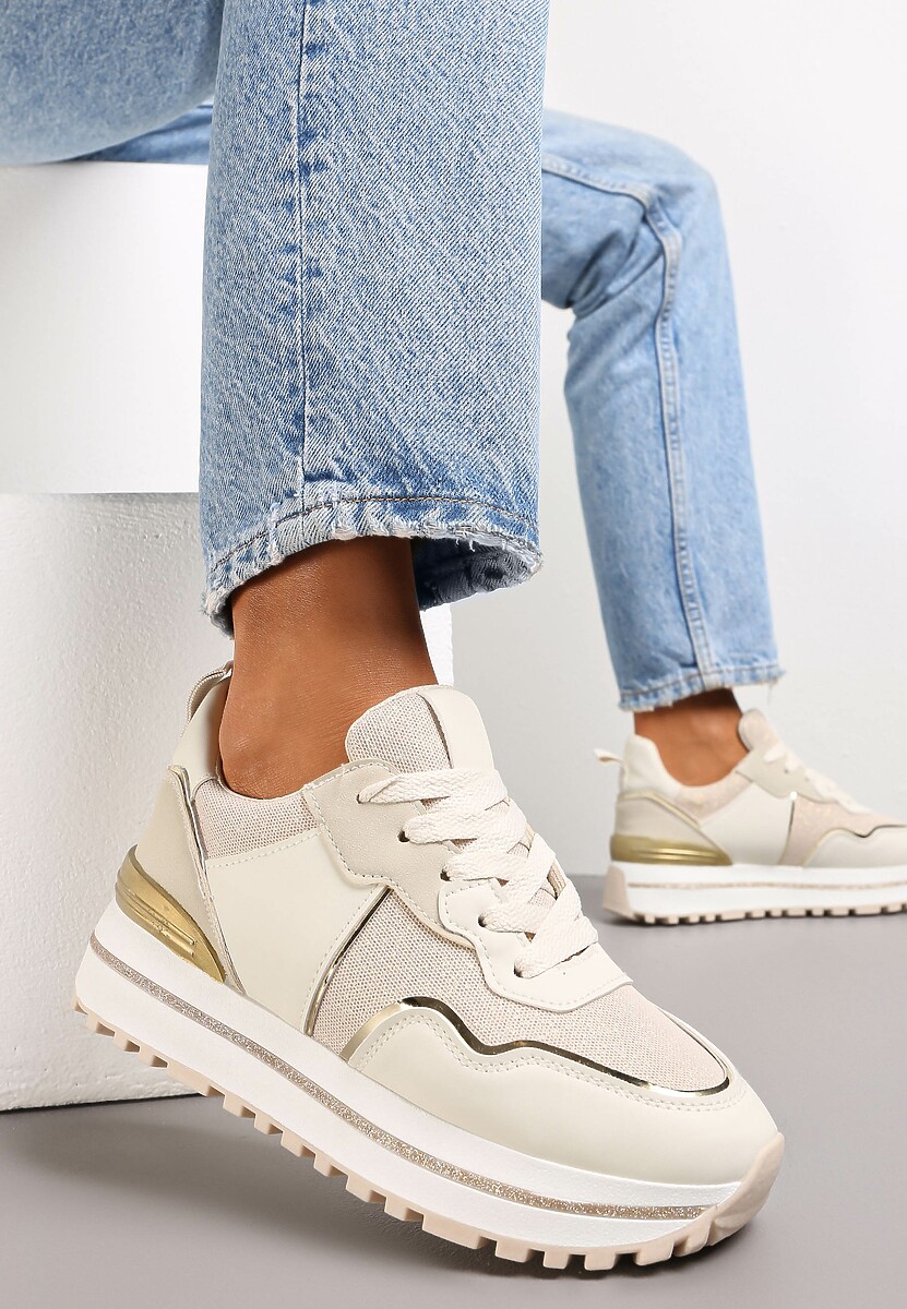 Beżowe Sneakersy z Cholewką przed Kostkę Ozdobione Brokatem Telse