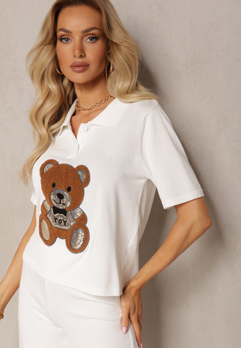 Biała Bluzka z Wiskozy Ozdobiona Cekinami z Nadrukiem Misia Tivenna