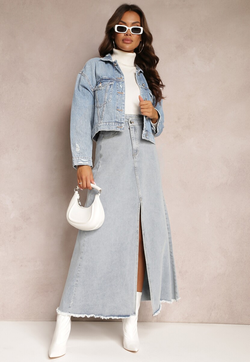 Jasnoniebieska Postrzępiona Spódnica Maxi z Jeansu z Rozcięciem Feedi
