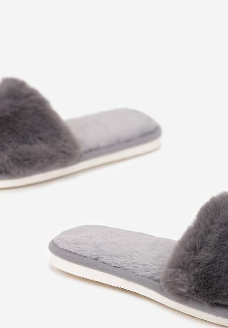 Szare Kapcie Futrzane z Szerokim Paskiem Iphandras