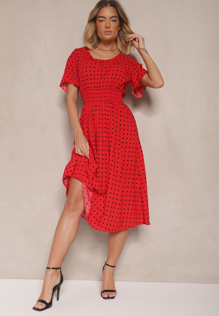Czerwona Bawełniana Sukienka o Rozkloszowanym Fasonie w Kropki Tolimirae