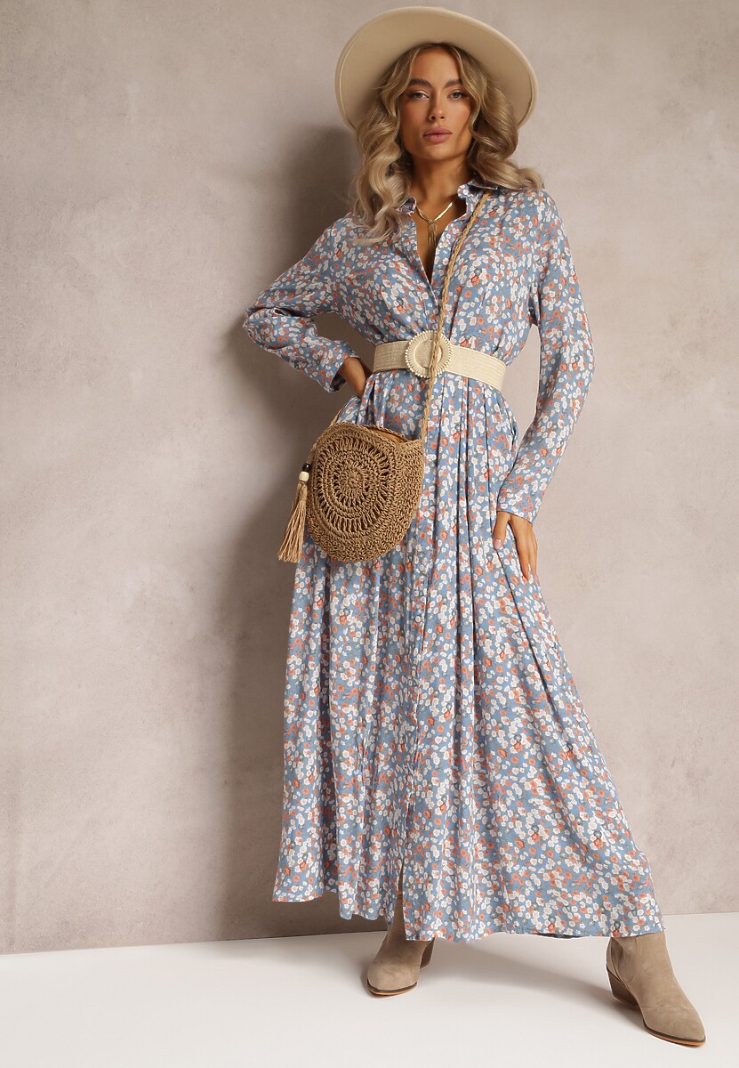 Niebieska Kwiecista Sukienka z Kołnierzem i Długimi Rękawami Nataski