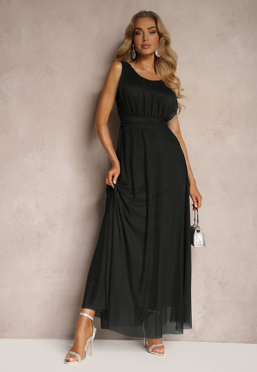 Czarna Koktajlowa Sukienka z Tiulowym Dołem Bez Rękawów Elastar