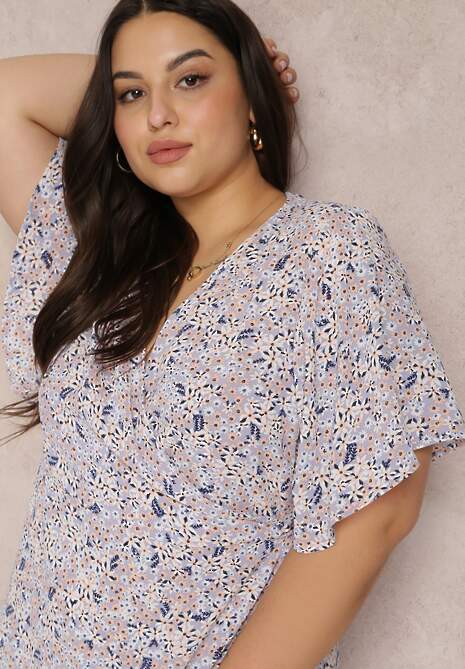 Jasnofioletowa Sukienka o Kopertowym Kroju Midi w Kwiatowy Wzór Kirpa