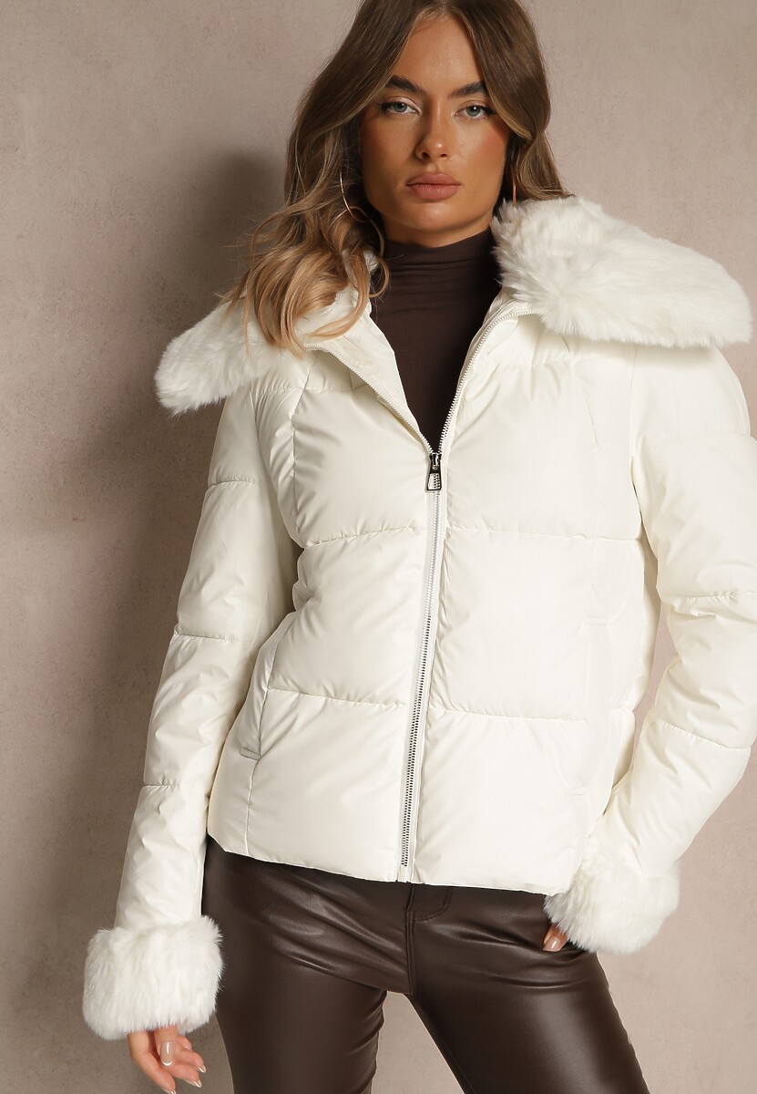 Brązowa Kurtka z Pikowanymi Przeszyciami i Szerokim Kołnierzem z Futrem Galaressa